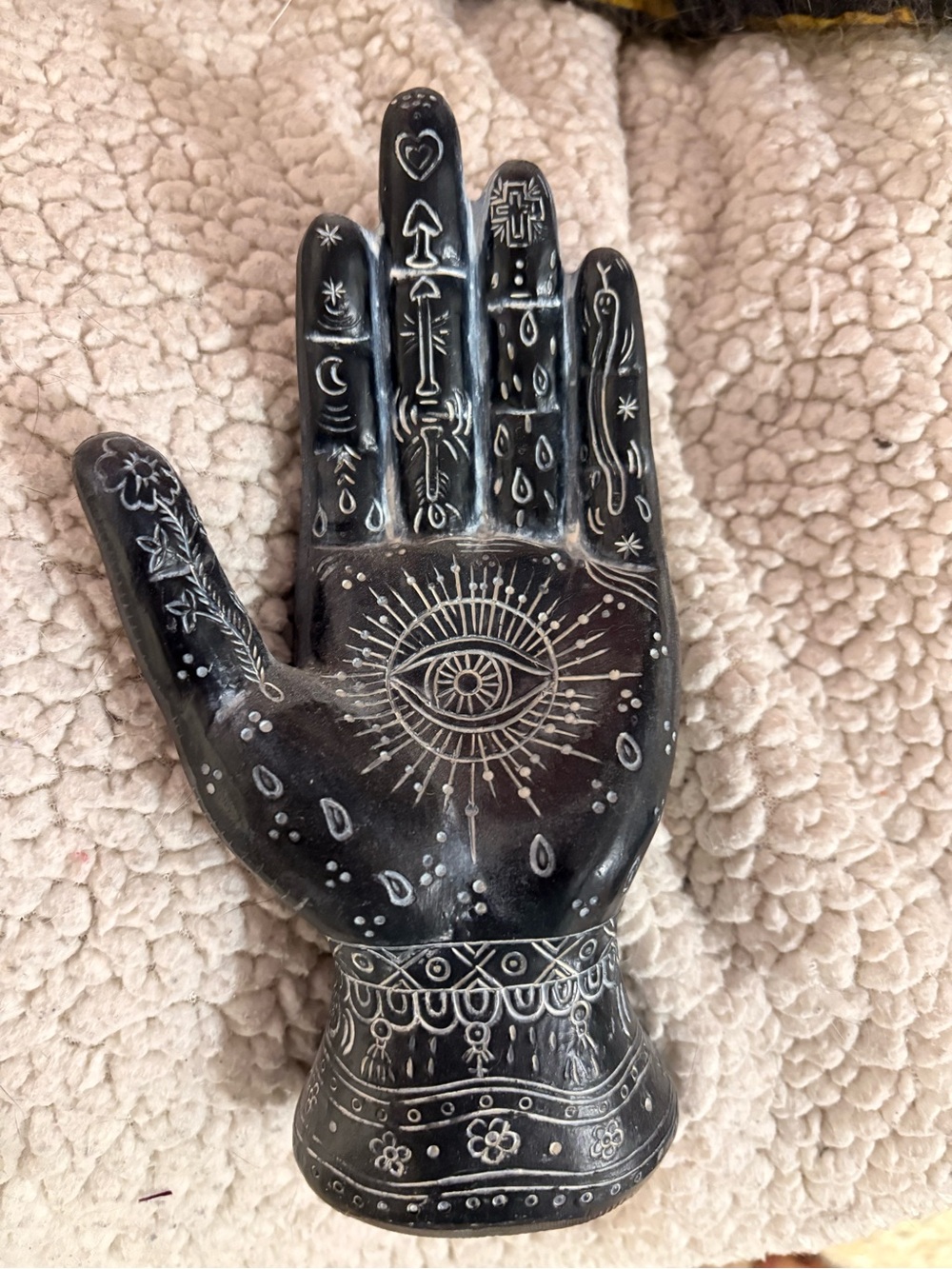 Black Decorative Hand Sculpture with Eye Motif - Home Art